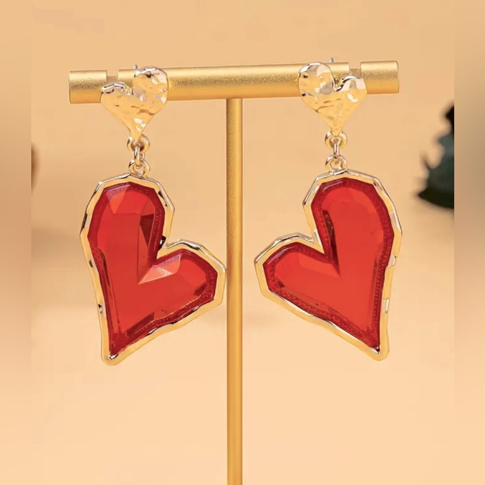 Gold and Red Heart-Shaped Earrings